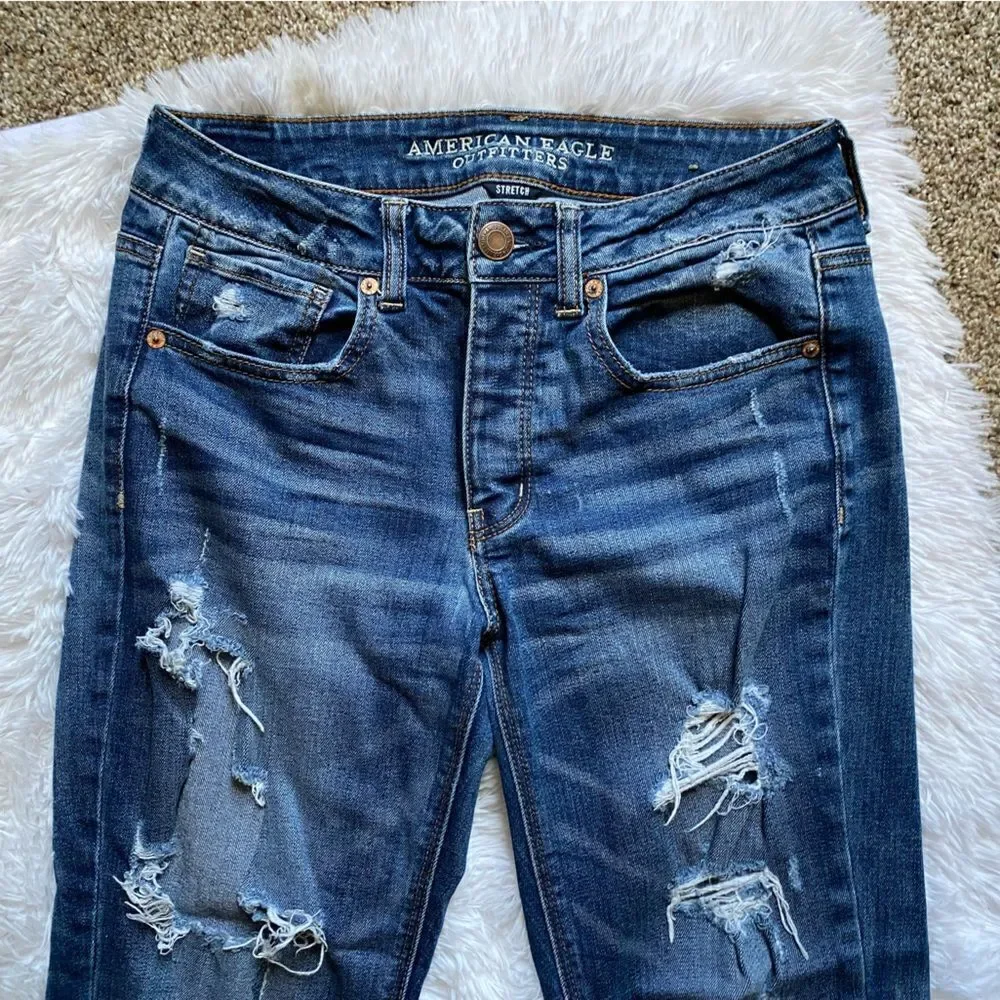 American Eagle Tomgirl Jeans Button‎ Fly Raw Ankle Hem Blue Stretch Distressed 2
